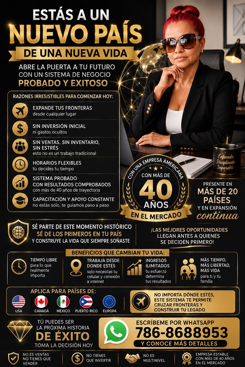 Flyer: Estás a un nuevo país de una nueva vida. Oportunidad de negocio internacional con una empresa americana con más de 40 años de trayectoria